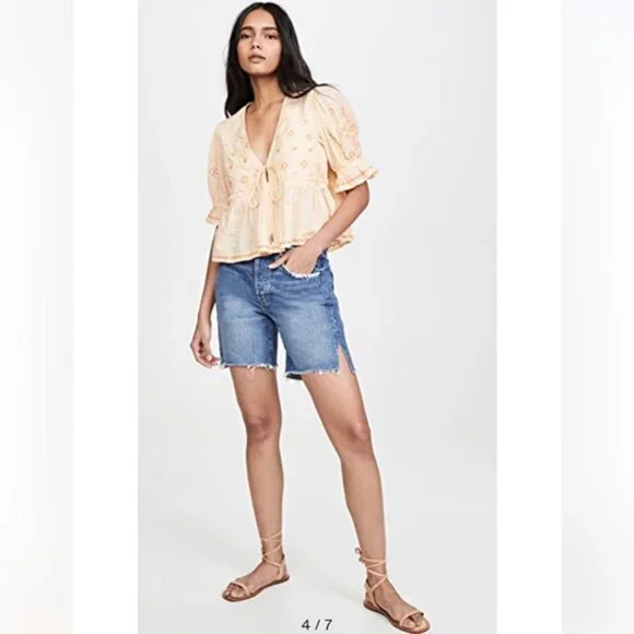 Free People Tallulah Embroidery Boho Crop Cotton Top Blouse XL Flowy Puff Sleeve - Picture 5 of 16